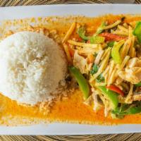 Dinner Gang Dang · Red curry and coconut milk with bamboo shoots, mushrooms and green peppers. Spicy and gluten...