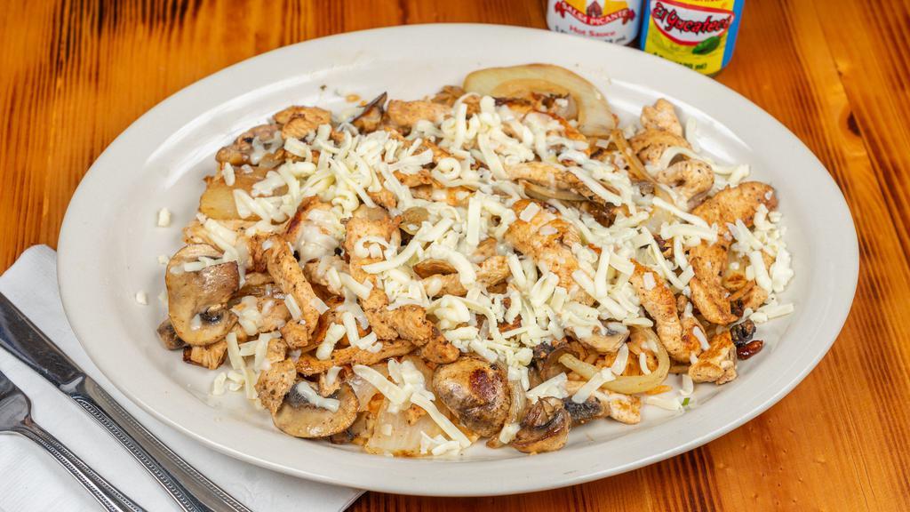 Rocky'S Special · Chicken grilled strips cooked with mushrooms, onions, rice and shredded cheese.