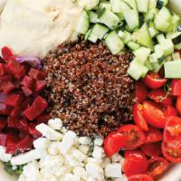 Hummus + Beet Bowl · Base of Kale, Quinoa, Hummus, Beets, Grape Tomatoes, Cucumber, Feta, Red Wine Vinaigrette. 5...