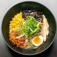 Chicken Ramen · Chicken broth, sliced chicken, aitsuke tamago( Seasoned Ramen Egg), corn, cabbage, deep frie...