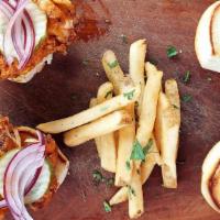 Buffalo Chicken Sliders · Bleu Cheese Dressing, Habagardil Pickles, Red Onion, with side Frites