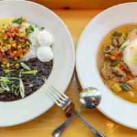Beany Bowl · Housemade seasoned black beans on a bed of white or brown rice topped with corn salsa and gu...