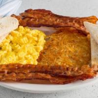B- Breakfast · Served with two eggs, hash browns, and toast plus your choice of sausage patties, sausage li...