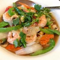 Garlic Shrimp · Jumbo shrimp stir-fried richly flavored with garlic, baby corns, onions, peppers, carrots, s...