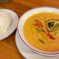 Panang Chicken Curry · Mild spice, creamy coconut flavor curry with sliced red and green pepper, napa, and onion, s...