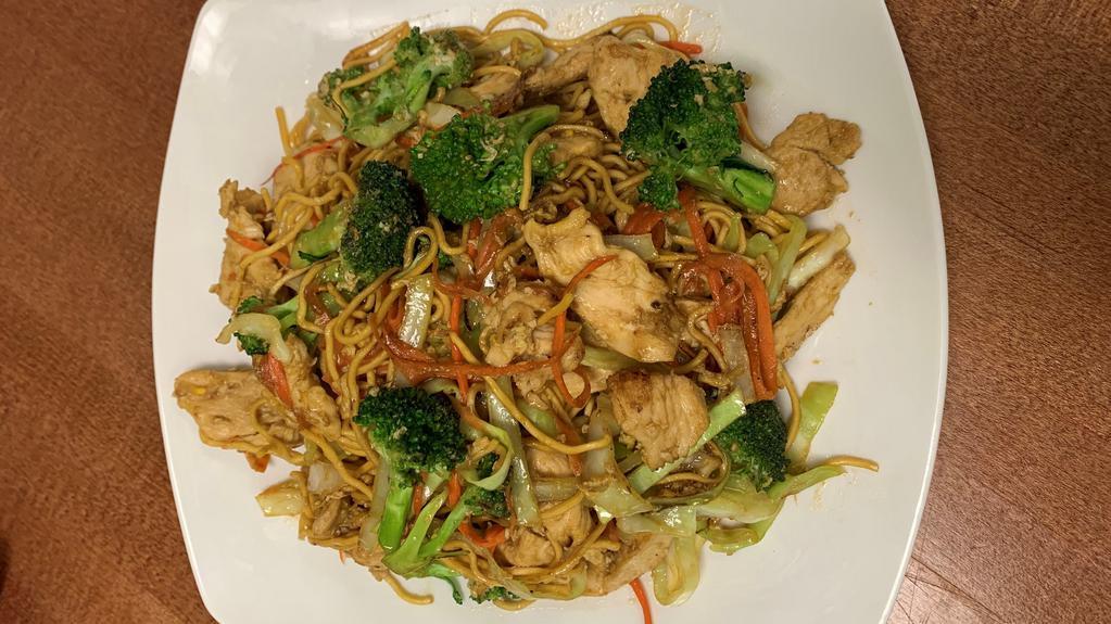 Ramen Noodles Stir-Fried With Chicken  · Stir fried noodles with egg, broccoli, napa cabbage, and carrot. 
Meat option - Chicken or Pork.