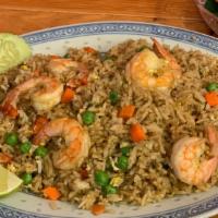 Shrimp Fried Rice · Fried rice with eggs, carrot, pea, green onion, and shrimp.