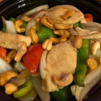 S 3 Stir Fried Cashews Nut  With Chicken  · Cashews nut.  Onion bell peppers and chicken served with steamed rice