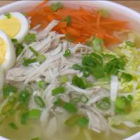 Ramen Noodles Soup · Noodles soup with chicken, vegetables, and boiled egg.