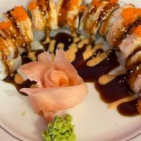 Salmon Roll (Raw) · Salmon, avocado, and cucumber. Topped with spicy mayo and sushi sauce, and sprinkled with cr...