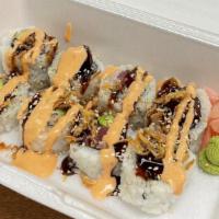 Tuna Roll (Raw) · Tuna, avocado, and cucumber, topped with spicy mayo and sushi sauce, and sprinkled with cris...
