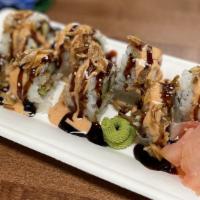 Chicken Tempura Roll · Chicken tempura, avocado, carrot, and cucumber, topped with spicy mayo and sushi sauce, and ...