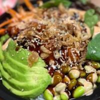 Tuna Poke Bowl (Raw) · Sushi rice (raw), mixed green, carrot, avocado, and edamame, topped with spicy mayo and sush...