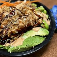 Chicken Tempura Poke Bowl · Sushi rice,chicken tempura, mixed green, carrot, avocado, and edamame, topped with spicy may...