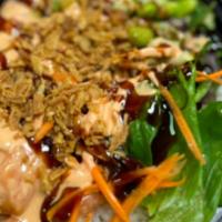 Salmon Poke Bowl (Raw) · Sushi rice,salmon (raw), mixed greens, carrot, avocado, and edamame, topped with spicy mayo ...