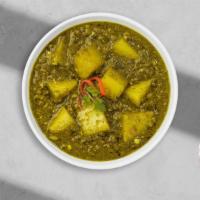 Craving Saag Curry · Rayo saag (choy saag) oil, whole garam masala, red - yellow onion slice, ginger - garlic pas...