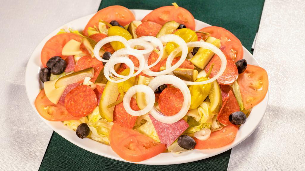 Large Antipasto · Pepperoni, Salami, Black Olives, Provolone Cheese, Tomatoes, Pickles, Onions, Pepperoncini & Italian Dressing on a bed of lettuce