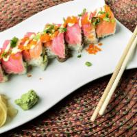 Edamond Roll · Inside: tuna, avocado.  Outside: salmon, tuna, Japanese mayo, green onion.