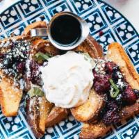 Berry Basil French Toast · challah / blueberry compote / fresh berries / basil / whipped cream