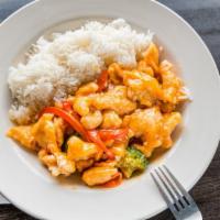 Cass Lake Chicken · Sliced chicken breast flash fried and tossed in out sweet, sour, spicy, savory sauce with br...