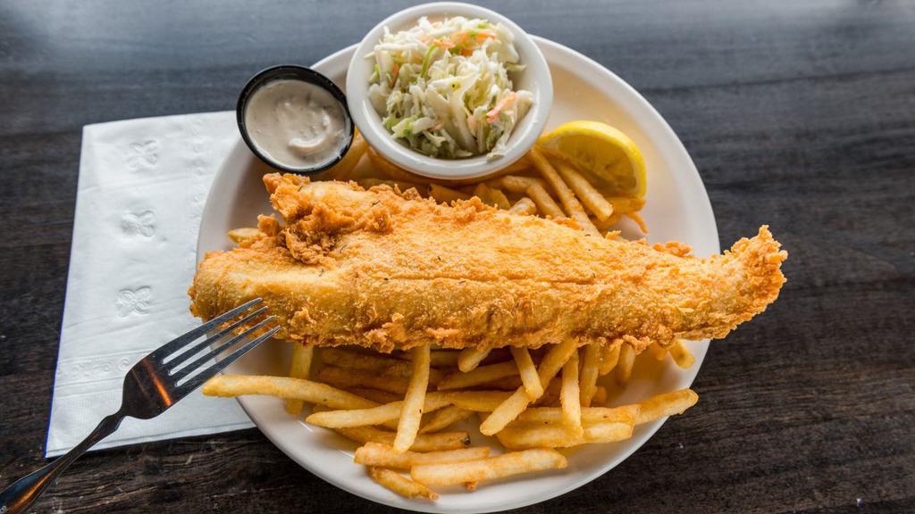 Walleye N' Chips · Great lakes walleye filet fried and served with house seasoned fries and cole slaw.