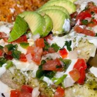  Enchiladas · Chicken stuffed tortillas, choice of green or red  sauce, avocado, sour cream, fresh Mexican...