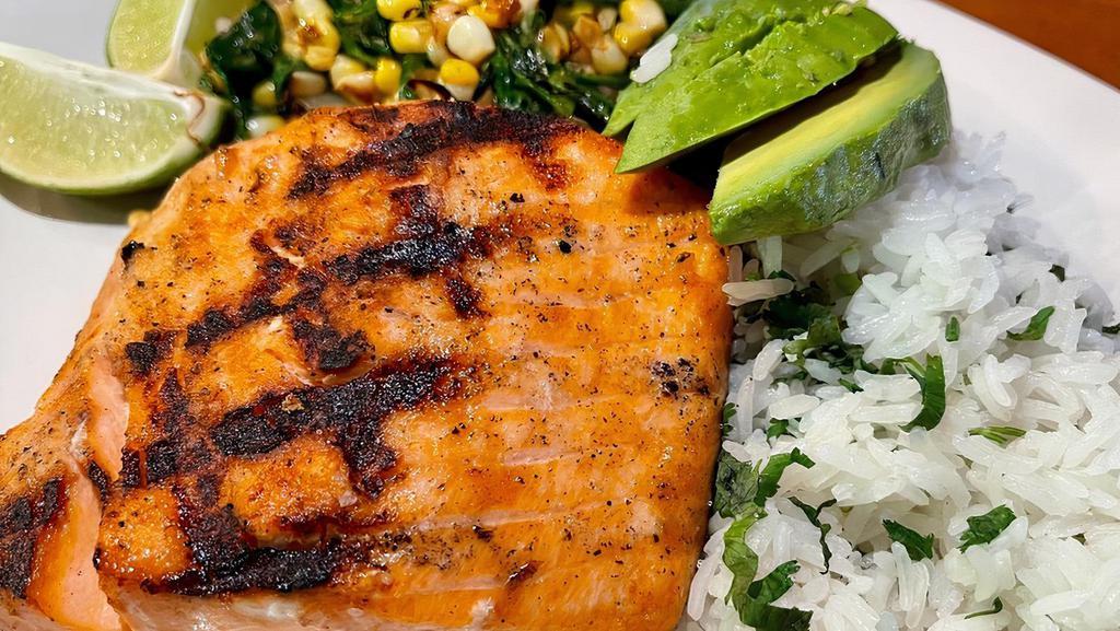 Grilled Salmon · Grilled salmon served with com succotash, cilantro time rice, and avocado.