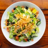 Poblano Salad · Lettuce, fresh corn, black beans, tortilla strips, grilled chicken, tomato, cheese, tossed w...