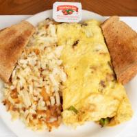 Motown Super Omelette · Motown cafe specialty. Filled with bacon, sausage, ham, onions, green pepper, and cheese.