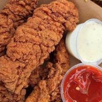 Chicken Tenders · Served with a side of ranch and BBQ sauce.