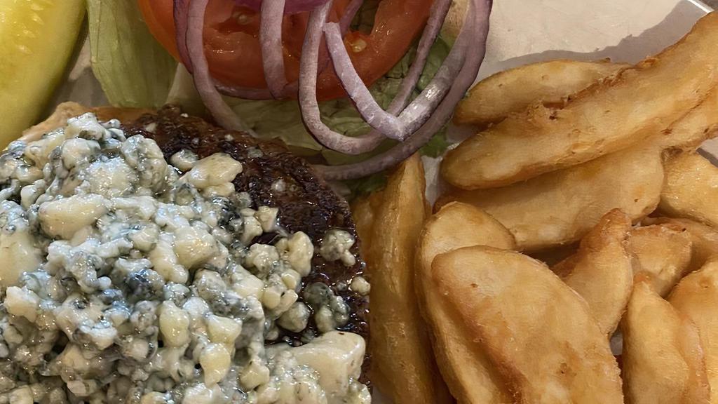 Black 'N Bleu Burger · Blackened burger topped with bleu cheese crumbles. Served with lettuce, tomato, and onion.