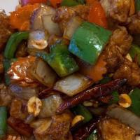 Kung Pao · Stir-fried lightly battered soy chicken, bell pepper, carrot, onion, celery, peanut, and dri...