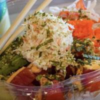 Bol-Ritto · Ahi Tuna (raw), salmon (raw), avocado, cucumber, crab mix, masago, furikake, with classic an...