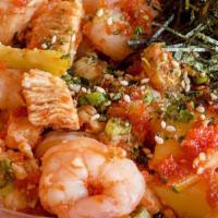 Surf&Turf · Chicken, shrimp, cucumber, green onion, roasted seaweed, furikake, masago, with classic and ...