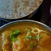 Kukhura-Ko Masu (Comes With Rice) · Chicken curry with onion, garlic, ginger, mix veggies, and special mix of aromatic spices