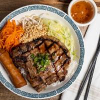 B1 Grilled Pork Vermicelli /  Bún Thịt Nướng  · Vermicelli noodles shredded lettuce carrots bean sprouts cucumbers roasted peanut and garnis...