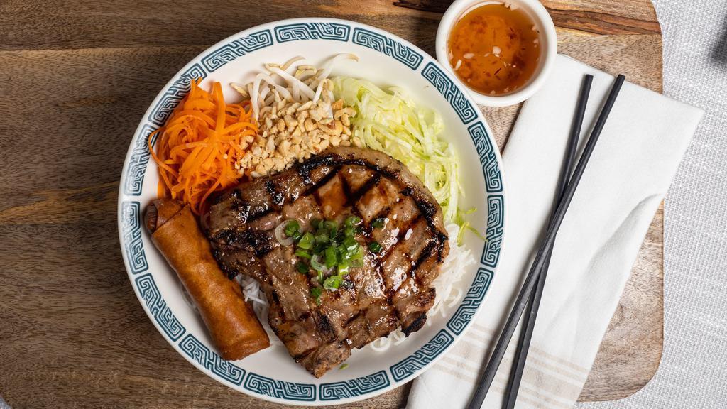 B1 Grilled Pork Vermicelli /  Bún Thịt Nướng  · Vermicelli noodles shredded lettuce carrots bean sprouts cucumbers roasted peanut and garnished with green onion and served with carrots sauce.