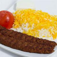 Koobideh Kabob · Two skewers of grilled ground beef, grilled tomatoes and served with basmati rice or pita br...