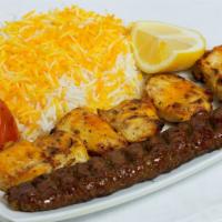 Mix Of Koobideh & Chicken Kabob · One skewer of grilled minced beef, one skewer of grilled marinated chicken, grilled tomatoes...