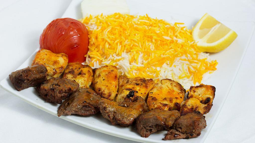 Mix Of Chicken & Shish Kabob · One skewer of grilled minced beef and one skewer of grilled marinated beef fillet, grilled tomatoes, and served with basmati rice or pita bread.
