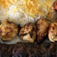 Mix Of Koobideh & Shish Kabob · One skewer of grilled marinated chicken and one skewer of grilled marinated beef fillet, gri...