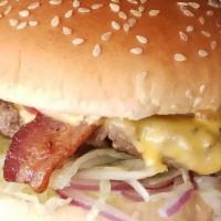 Bacon Burger With Cheese · One 1/3 beef burger served with American cheese and two slices of bacon served on a big toas...