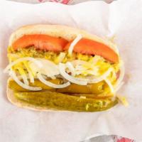 Chicago Dog · Red hot topped with relish, onions, mustard, tomatoes, sport peppers and a pickle spear.