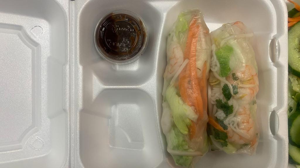 Fresh Roll (2 Rolls) · Lettuce, carrots, cucumber, cilantro, noodles wrapped in sticky rice paper with your choice of chicken, shrimp, imitation crabmeat or vegetarian. Served with peanut sauce.