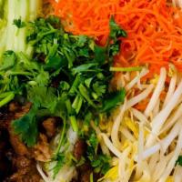 Vermicelli Pork · Grilled pork slices and eggroll. Comes with vermicelli noodles, lettuce, cucumber, bean spro...