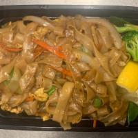 Drunken Noodles · Wide rice noodle, eggs, basil, bell pepper, white onion, wok tossed in salty soy glaze.