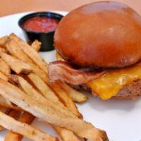 Bacon Cheeseburger · Flame grilled patty topped with cheddar cheese and house smoked bacon.