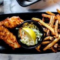Fish & Chips · Beer battered cod (2 pieces) served with fresh hand cut french fries and coleslaw