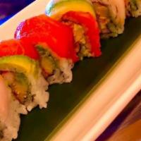Rainbow Roll · Crab & Cucumber , Avocado Wrapped . Top w. Tuna, Salmon , White Fish & Sliced Avocado .  (No...