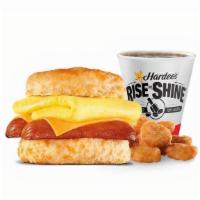 Smoked Sausage Egg & Cheese Biscuit Combo · A Hillshire Farms® split sausage link served with a folded egg and a slice of American chees...